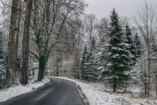 Niebezpieczeństwo na drogach zimą, droga w lesie zimową porą, gołoledzie, zaspy i ślizgawice 