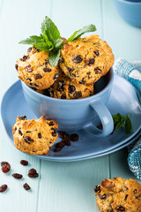 Fresh homemade delicious raisin muffins in blue cup, sugar free. Healthy food concept.
