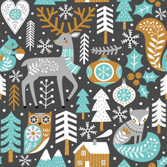 Modèle vectorielle continue avec de jolis animaux des bois, des bois et des flocons de neige sur fond gris foncé. Illustration de Noël scandinave.