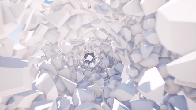 White geometric blocks tunnel 3d seamless footage. Mesmerizing flight through never-ending passage realistic animation. Geometric portal zoom in movement. Hypnotic motion video. Virtual reality