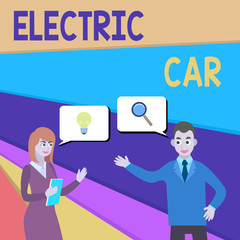 Text sign showing Electric Car. Business photo showcasing an automobile that is propelled by one or more electric motors Business Partners Colleagues Jointly Seeking Problem Solution Generate Idea