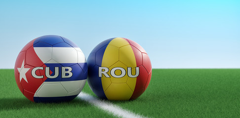 Romania vs. Cuba Soccer Match - Soccer balls in Romania and Cuba national colors on a soccer field. Copy space on the right side - 3D Rendering