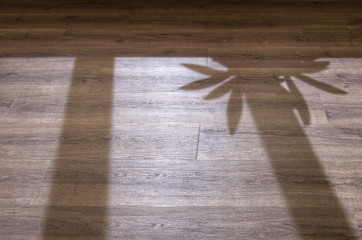 The floor in the apartment is made of quartz vinyl. The brown floor with the texture of the tree is lit from the window and has a shadow from the window frame and the flower standing on the windowsill