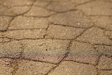 Sunny road surface made of old asphalt with cracks. Stone texture with warm sun light