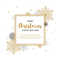Fototapeta na wymiar Square Merry Christmas and Happy New Year greeting card with beautiful golden and black snowflakes on white background. Christmas design for banners, posters, massages, announcements. Space for text