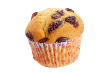 Raisins muffin isolated on white