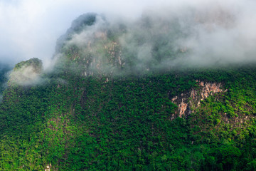 Fototapeta na wymiar White mist and clouds over green limestone mountain