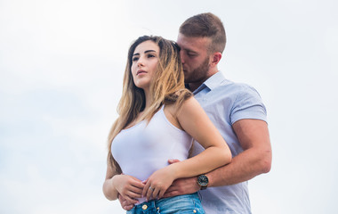 Naklejka premium True love. Supporting her. Family love. Devotion and trust. Couple in love. Together forever we two. Love story. Romantic relations. Cute relationship. Man and woman cuddle nature background