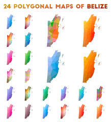 Set of vector polygonal maps of Belize. Bright gradient map of country in low poly style. Multicolored Belize map in geometric style for your infographics.