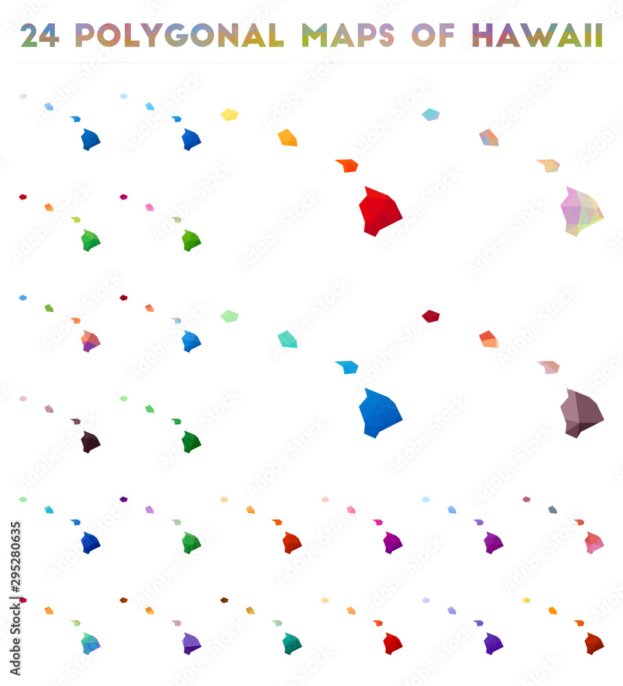 Poster set of vector polygonal maps of hawaii. bright gradient map of us state in low poly style. multicolo