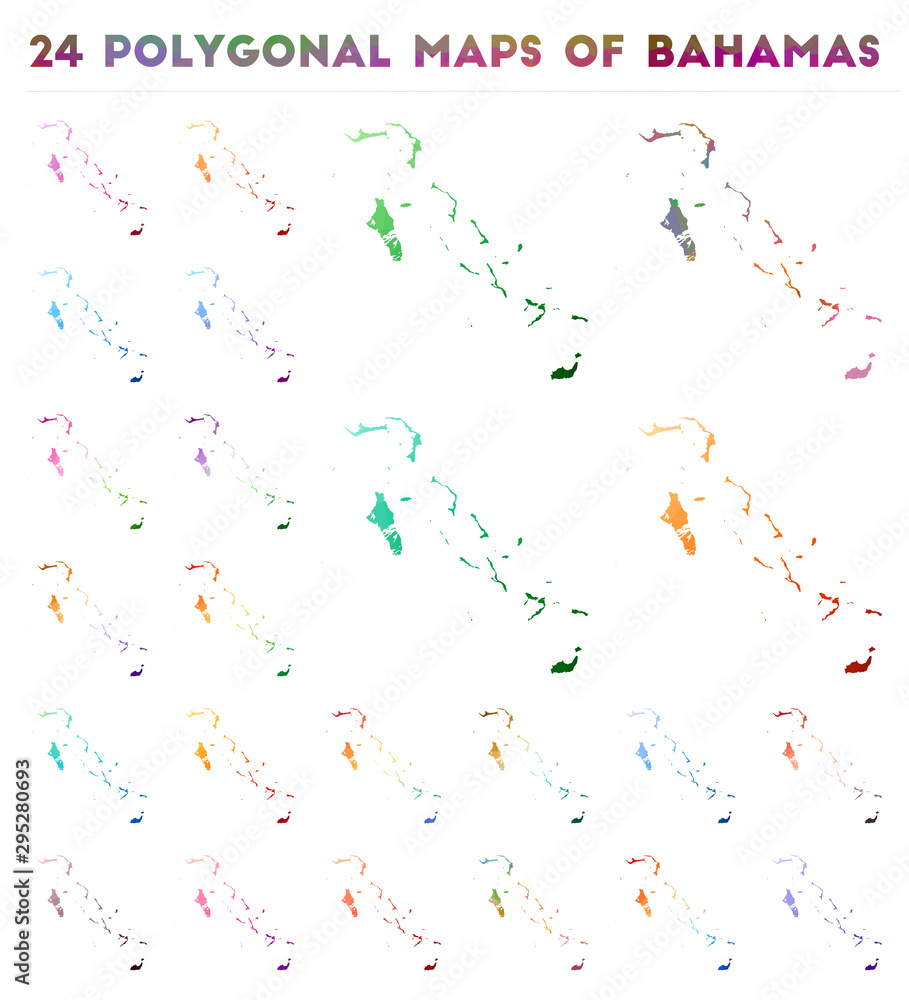 Poster set of vector polygonal maps of bahamas. bright gradient map of country in low poly style. multicolo