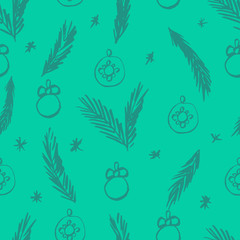 Vector Christmas seamless pattern with vintage toys. Repeated texture with retro christmas baubles. Vector print for fabrics, wrapping paper, textile design. Hand drawn ink print