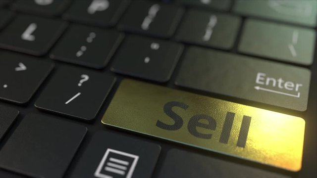 Black computer keyboard and gold sell key. Conceptual 3D animation