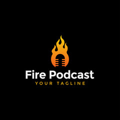 Fire and Podcast in Negative Space Logo Design Template