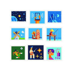 Naklejka premium Stamp set, space, soccer, mill, fishing, guitarist, girl with fishing rod, vintage postmark template pixel art icon, Design for logo, sticker and mobile app. Isolated vector illustration. 