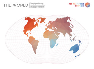 Low poly design of the world. Ginzburg IV projection of the world. Red Yellow Blue colored polygons. Amazing vector illustration.
