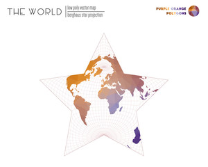Low poly world map. Berghaus star projection of the world. Purple and orange colored polygons. Contemporary vector illustration.