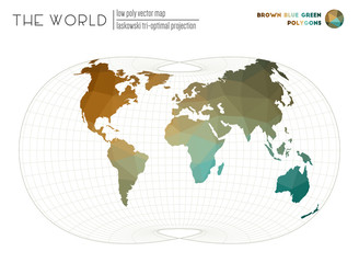 Polygonal map of the world. Laskowski tri-optimal projection of the world. Brown Blue Green colored polygons. Elegant vector illustration.