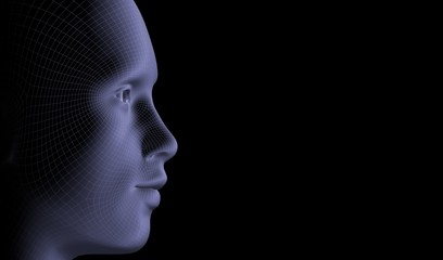 Wireframe human face, 3d rendered digital illustration. Isolated background with dark blue colors. The concept of artificial intelligence.