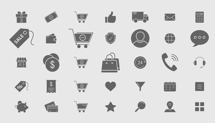 Shopping icons - Vector set solid silhouettes of online store and e-commerce for the site or interface