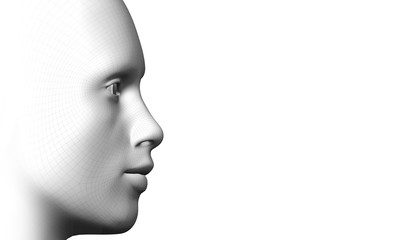 Wireframe human face, 3d rendered digital illustration. Isolated background with white and gray colors. The concept of artificial intelligence.