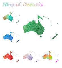 Hand-drawn map of Oceania. Colorful continent shape. Sketchy Oceania maps collection. Vector illustration.