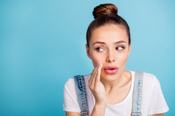 Close up photo of interested lady sharing private novelty look at copy space wearing white t-shirt...