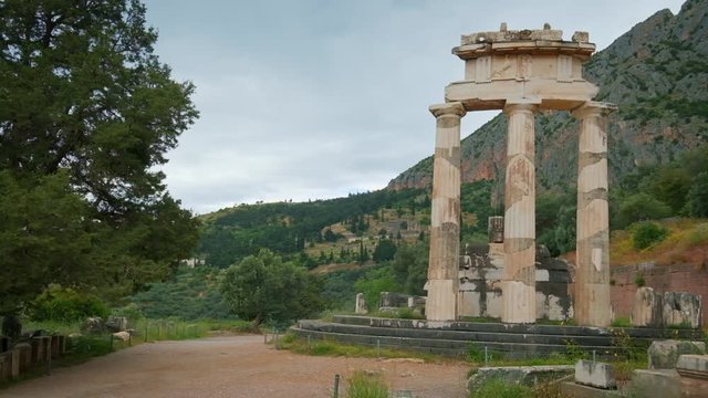 Tholos with Doric columns at the Athena Pronoia temple ruins in Delphi, Greece