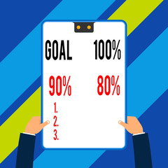 Word writing text Goal 100 Percent 90 Percent 80 Percent. Business photo showcasing Percentage of your objectives fulfilment success level Two executive male hands holding electronic device