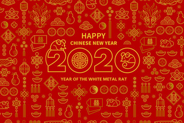 Obraz na płótnie Canvas Card with a White Metal Rat symbol of 2020 on the Chinese calendar.