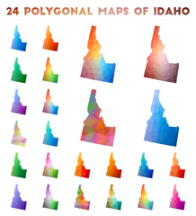 Set of vector polygonal maps of Idaho. Bright gradient map of US state in low poly style. Multicolored Idaho map in geometric style for your infographics.
