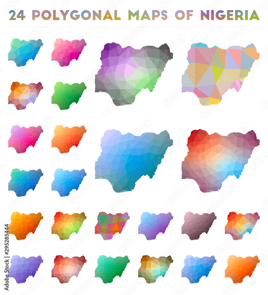 Poster set of vector polygonal maps of nigeria. bright gradient map of the country in low poly style. multi