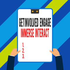 Word writing text Get Involved Engage Immerse Interact. Business photo showcasing Join Connect Participate in the project Two executive male hands holding electronic device geometrical background