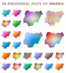 Set of vector polygonal maps of Nigeria. Bright gradient map of country in low poly style. Multicolored Nigeria map in geometric style for your infographics.