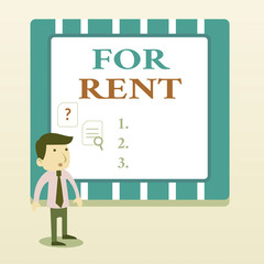 Word writing text For Rent. Business photo showcasing when you make property available for purchasing temporarily Young Male Businessman Office Worker Standing Searching Problem Solution