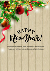 Happy New Year card with christmas tree branch. Hand drawn lettering Happy New Year. Place for text. Great for sale, greetings, invites, Merry Christmas card. Vector illustration.