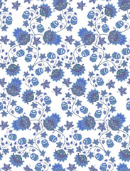 Seamless pattern with fantasy blue flowers, berries, leaves and paisley on white background. Vintage style. Ethnic motifs. Print for fabric, tapestry, wrapping design.