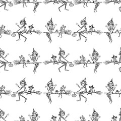 Seamless background of drawn cartoon witches flying on brooms for halloween