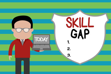 Conceptual hand writing showing Skill Gap. Concept meaning Refering to a demonstrating s is weakness or limitation of knowlege Man in suit wearing eyeglasses holding open laptop photo Art