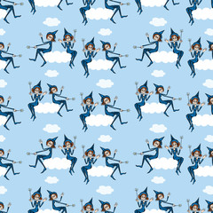 Seamless background of small witches with magic wands sitting on clouds in blue sky