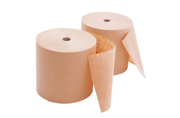 Paper roll mock up isolated on white background. Blank white packaging kitchen towel, toilet paper roll, cash register tape, thermal fax roll. Paper roll template