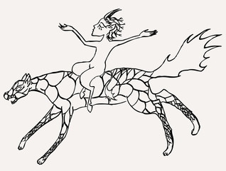 Fototapeta premium Vector drawing of little imp riding a fabulous creature