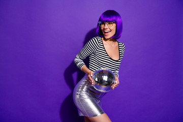 Portrait of lovely millennial screaming holding mirror ball dressed eyewear eyeglasses isolated...