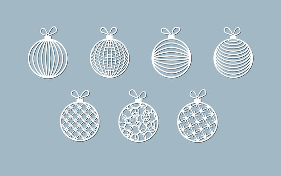 Lasercut ball toy modern pattern of lines stripes Christmas theme Design element of a lasercut Christmas toys balls for laser cutting New Year greeting card Stencil for laser cutting Isolated Vector