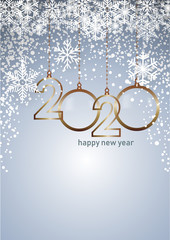 Fototapeta na wymiar 2020 Happy New Year celebrate card with holiday greetings, vector golden hanging text, blue background
