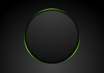 Black abstract circle shape with green glowing light tech background