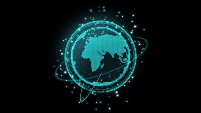 Flat style Dot earth map rotation with searching symbol, with neon light and bokeh and haro ring move around the world ,concept for sci-fi technology ,Use transparent effect for layer , Uhd footage