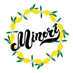 Minori. The name of Italian town on the Amalfi coast. Hand drawn lettering. Vector illustration. Best for souvenir products.