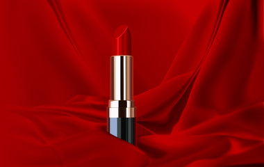 cosmetics design red lipstick on a red silk background  mock up - obrazy, fototapety, plakaty