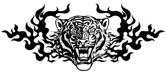 Head of roaring tiger in tongues of flame. Angry wild big cat. Front view. Black and white Tribal tattoo style vector illustration